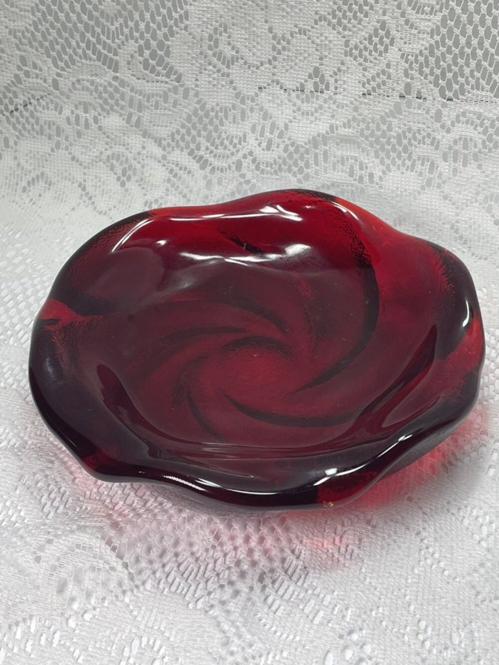 Vintage Fenton Ruby Red Swirl Dish Candy Trinket Ashtray Art Glass Textured 7”